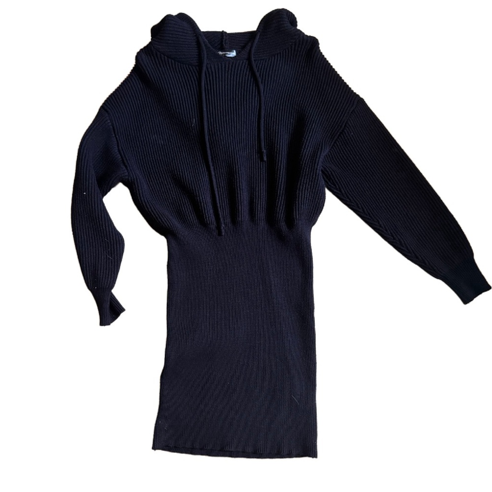 Black, ribbed, long sleeve mini sweater dress with hood. Size small